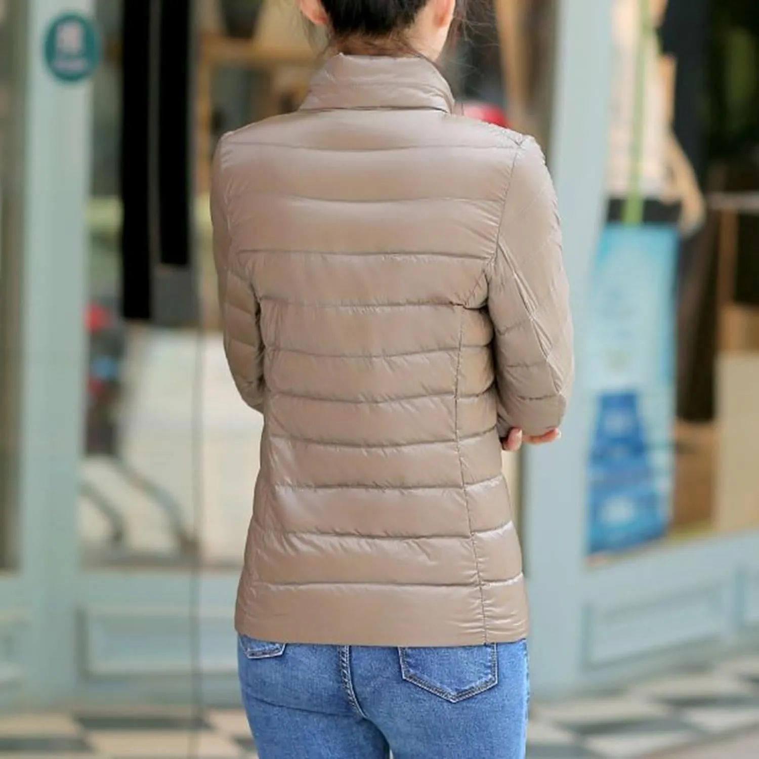 Women Packable Down Jacket Regular Fitted Lightweight Puffer Coats Quilted Stand Collar Solid Soft Comforable Outwear