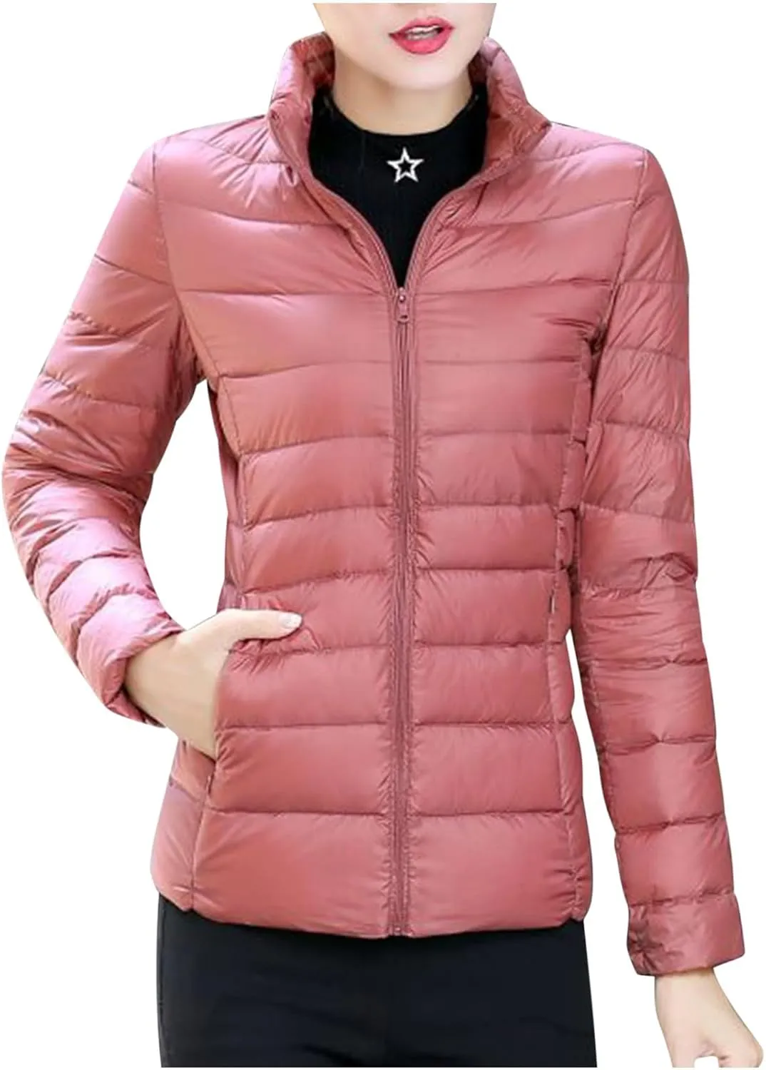 Women Packable Down Jacket Regular Fitted Lightweight Puffer Coats Quilted Stand Collar Solid Soft Comforable Outwear