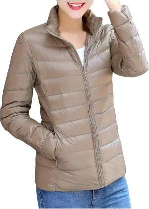Women Packable Down Jacket Regular Fitted Lightweight Puffer Coats Quilted Stand Collar Solid Soft Comforable Outwear