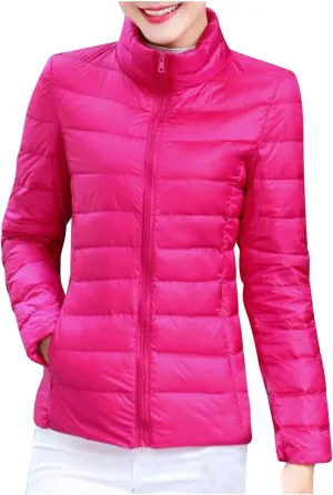 Women Packable Down Jacket Regular Fitted Lightweight Puffer Coats Quilted Stand Collar Solid Soft Comforable Outwear