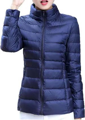 Women Packable Down Jacket Regular Fitted Lightweight Puffer Coats Quilted Stand Collar Solid Soft Comforable Outwear