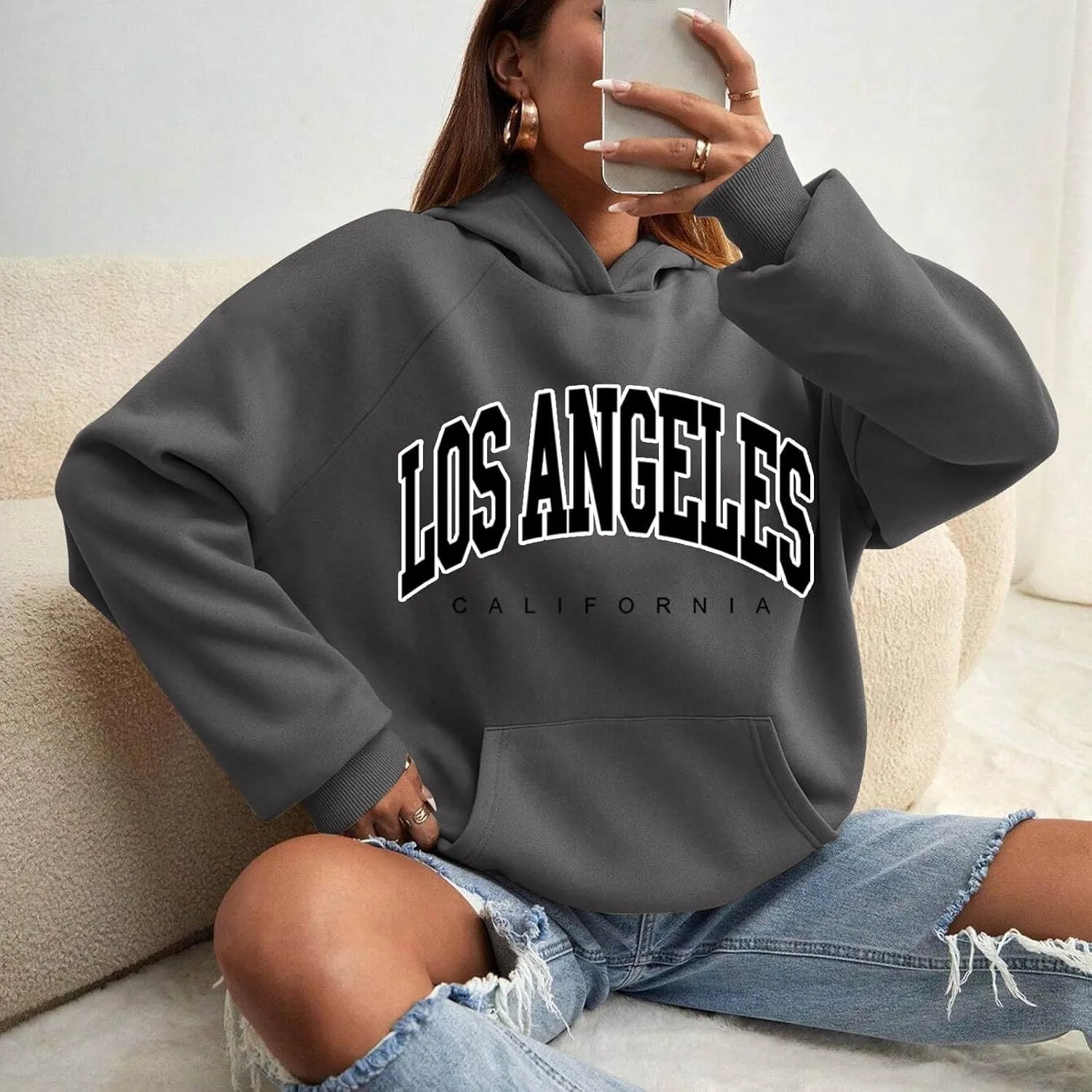 Women Solid Basic Fleece Letter Loose Hoodie Sweatshirt Long Sleeve Pocket Drop Shoulder Pullovers Top Pullover