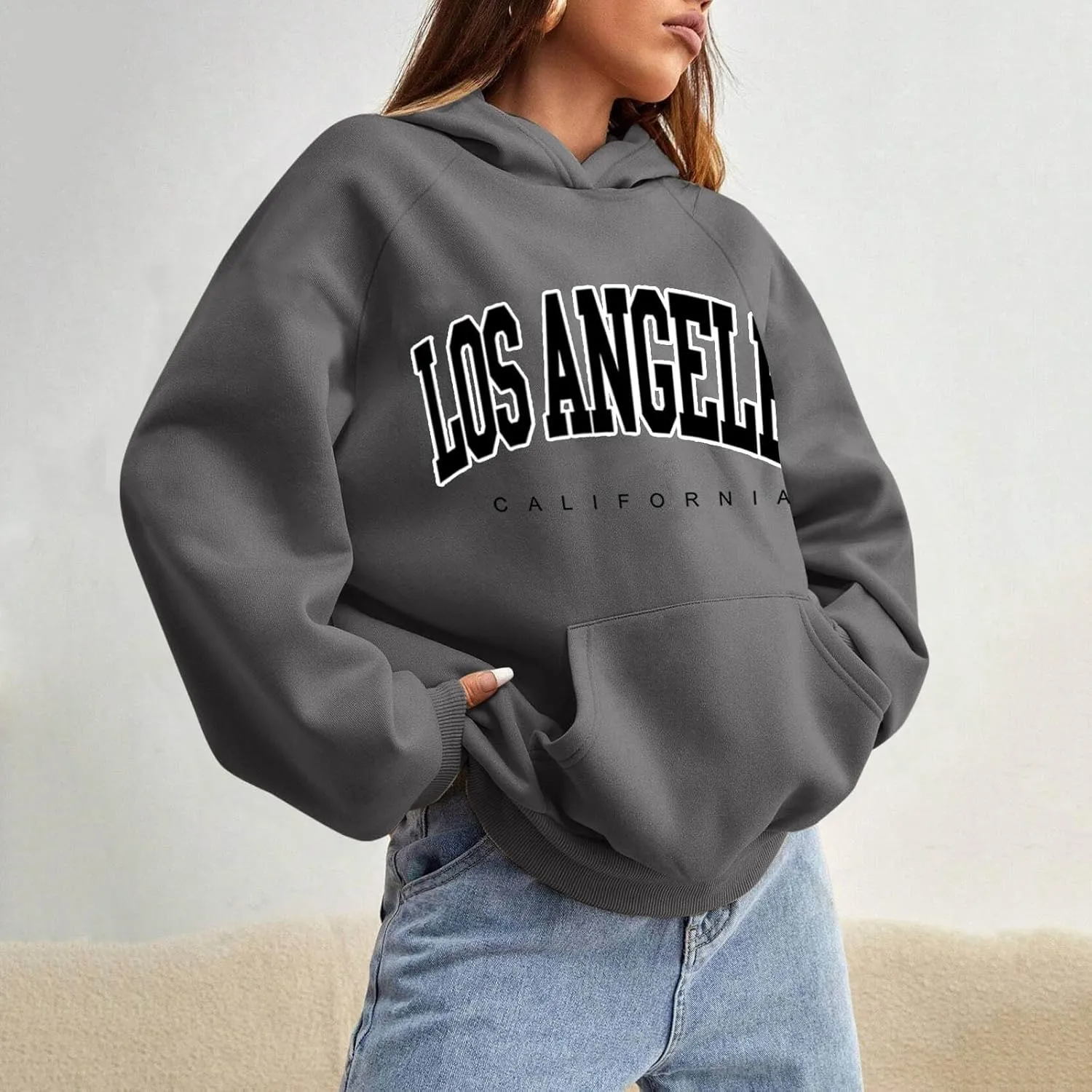Women Solid Basic Fleece Letter Loose Hoodie Sweatshirt Long Sleeve Pocket Drop Shoulder Pullovers Top Pullover