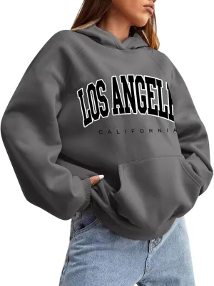Women Solid Basic Fleece Letter Loose Hoodie Sweatshirt Long Sleeve Pocket Drop Shoulder Pullovers Top Pullover