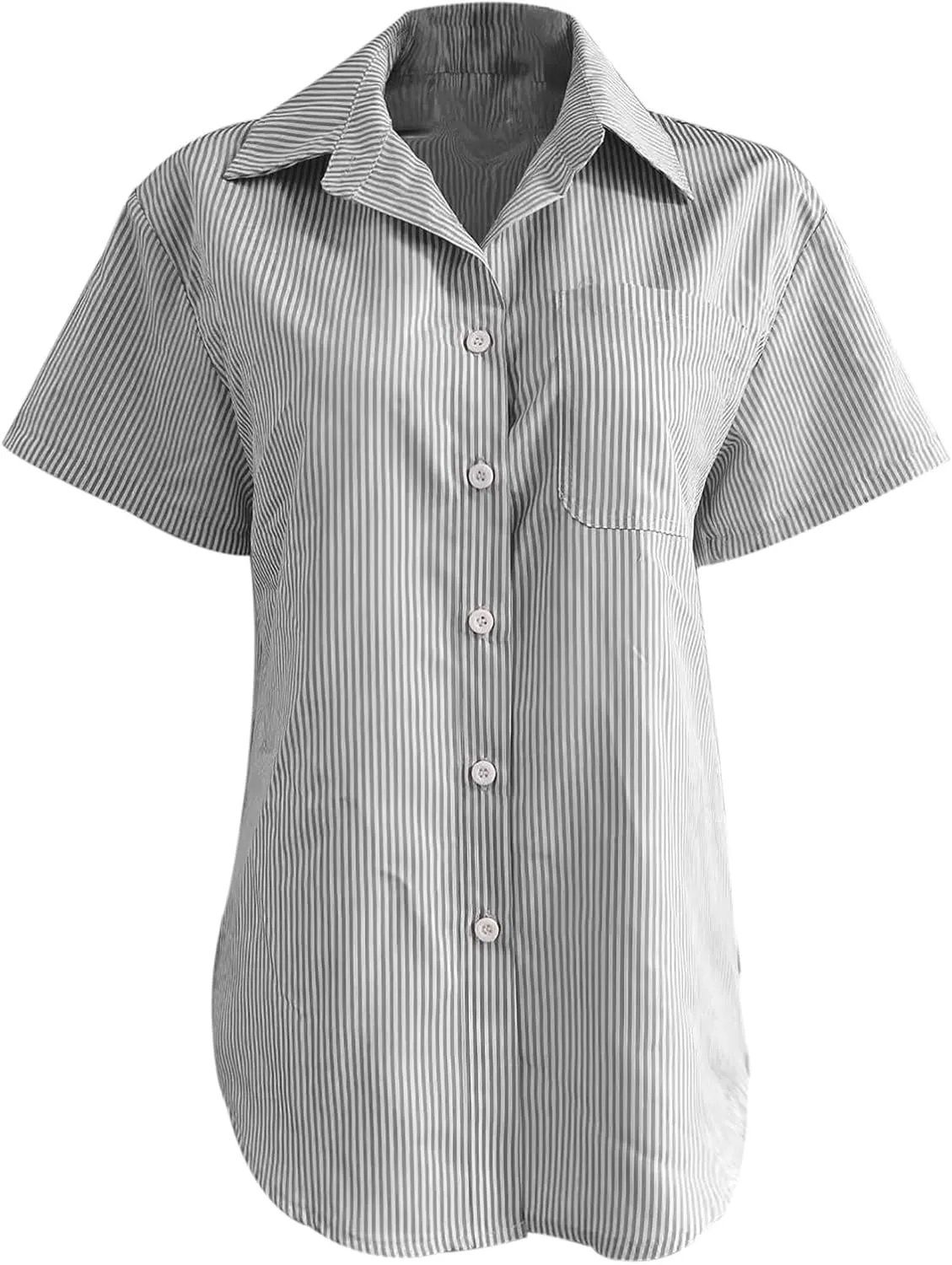 Women Striped Linen Shirts Button Down Cotton Short Sleeve Blouses V Neck Collared Button-up Gauze Tops with Pocket