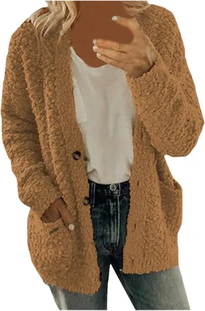 Women Warm Plush Coats Plus Size Sweater Cardigans Button Zipper Hooded Jacket Casual Solid Color Fleece Outerwear Tops
