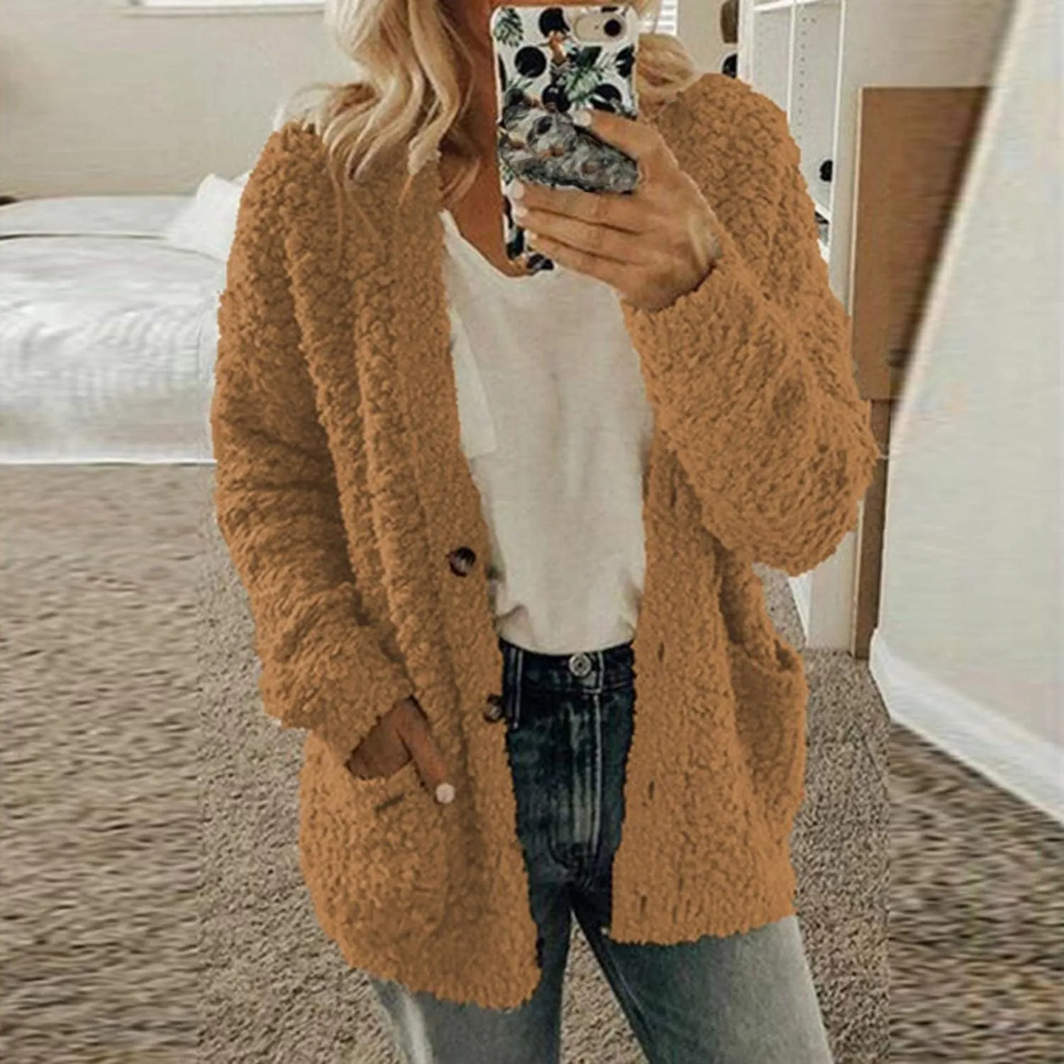 Women Warm Plush Coats Plus Size Sweater Cardigans Button Zipper Hooded Jacket Casual Solid Color Fleece Outerwear Tops