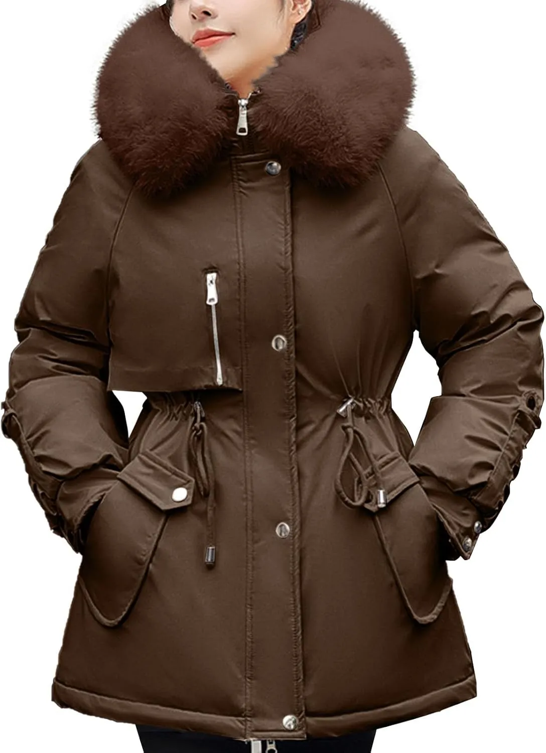 Women Winter Parka Coat Faux Fur Mid Long Down Coat Thicken Fleece Lined Jacket Regular Street Windproof Warm Outwear