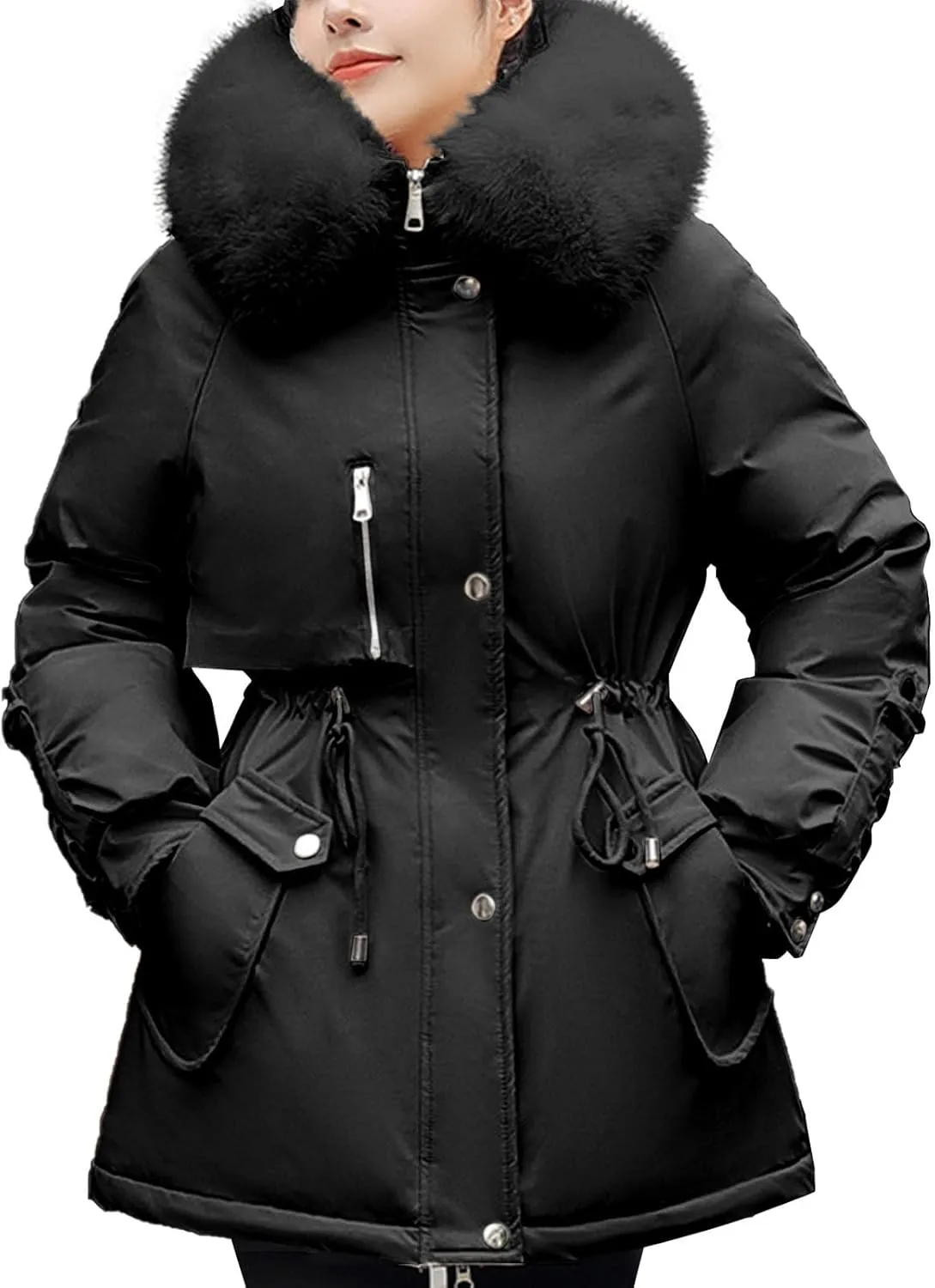 Women Winter Parka Coat Faux Fur Mid Long Down Coat Thicken Fleece Lined Jacket Regular Street Windproof Warm Outwear