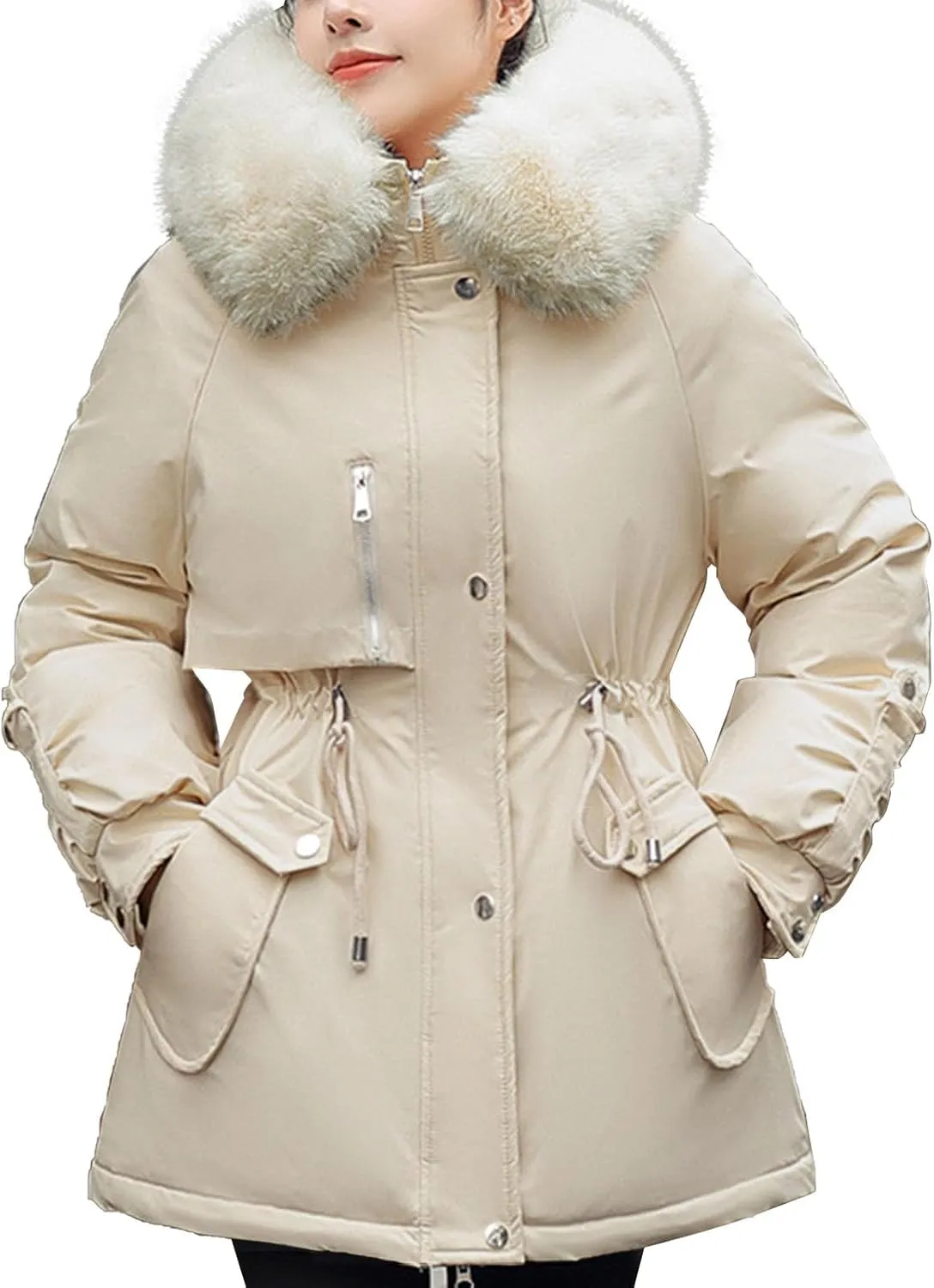 Women Winter Parka Coat Faux Fur Mid Long Down Coat Thicken Fleece Lined Jacket Regular Street Windproof Warm Outwear