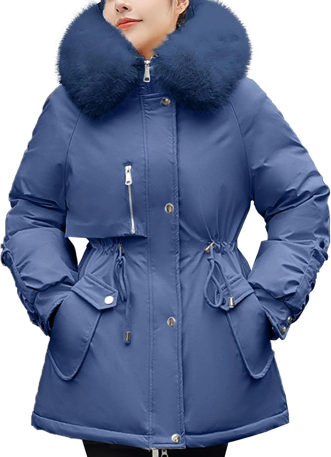 Women Winter Parka Coat Faux Fur Mid Long Down Coat Thicken Fleece Lined Jacket Regular Street Windproof Warm Outwear