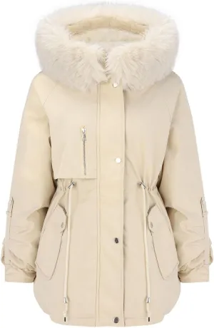 Women Winter Parka Coat Faux Fur Mid Long Down Coat Thicken Fleece Lined Jacket Regular Street Windproof Warm Outwear