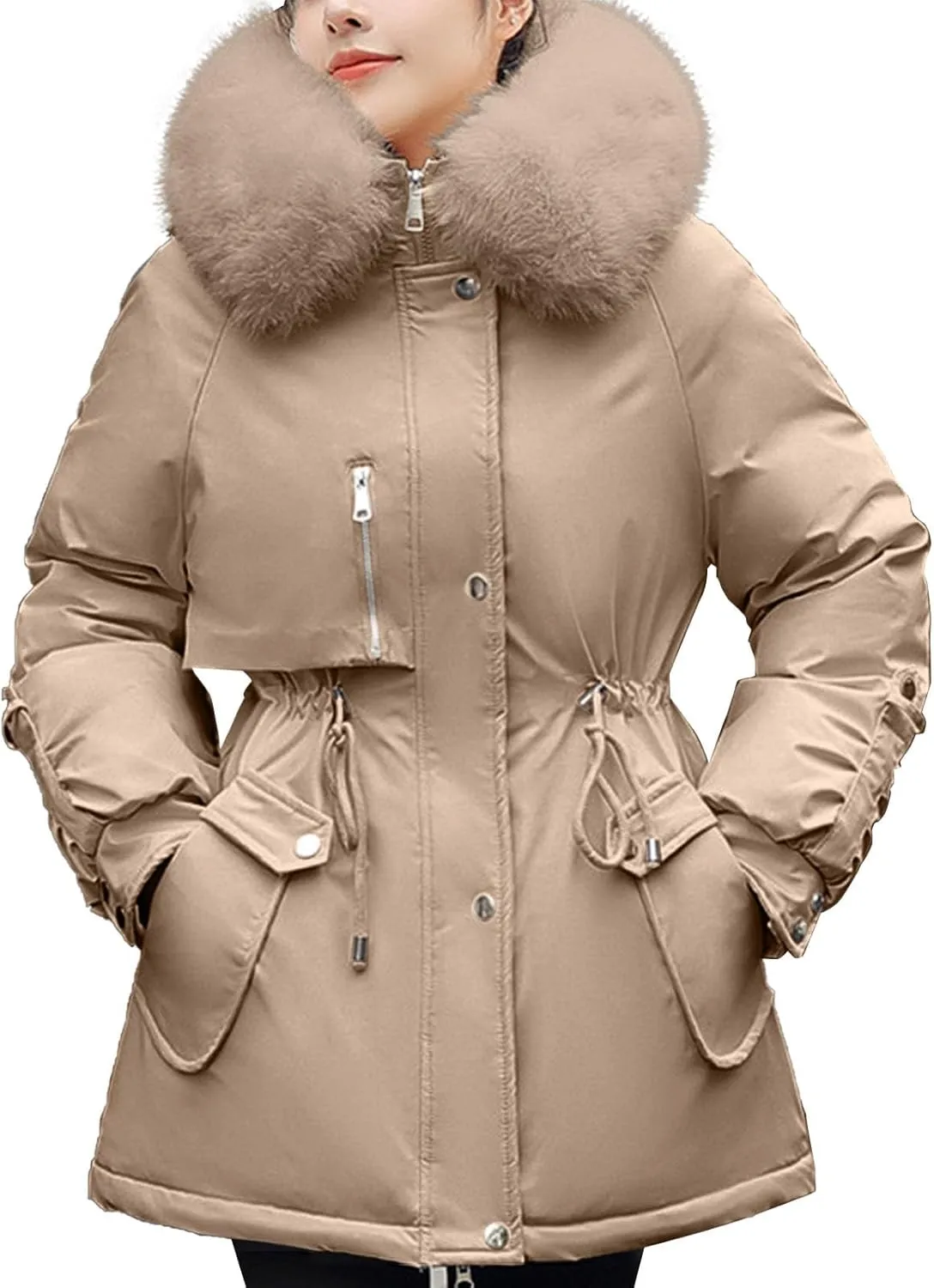 Women Winter Parka Coat Faux Fur Mid Long Down Coat Thicken Fleece Lined Jacket Regular Street Windproof Warm Outwear