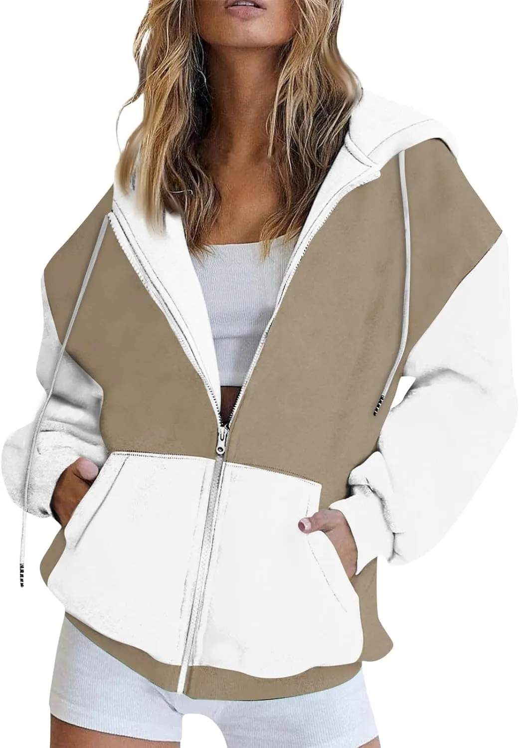 Women Zip Up Hoodie Long Sleeve Fleece Jacket Y2k Colorblock Drawstring Oversized Hooded Sweatshirt with Pockets