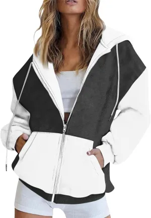 Women Zip Up Hoodie Long Sleeve Fleece Jacket Y2k Colorblock Drawstring Oversized Hooded Sweatshirt with Pockets