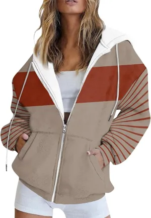 Women Zip Up Hoodie Long Sleeve Fleece Jacket Y2k Colorblock Drawstring Oversized Hooded Sweatshirt with Pockets