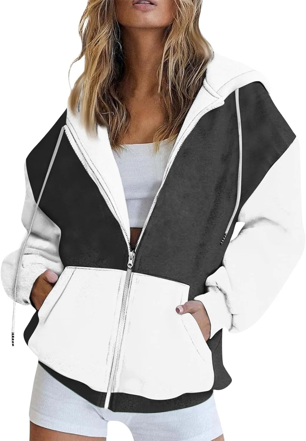 Women Zip Up Hoodie Long Sleeve Fleece Jacket Y2k Colorblock Drawstring Oversized Hooded Sweatshirt with Pockets
