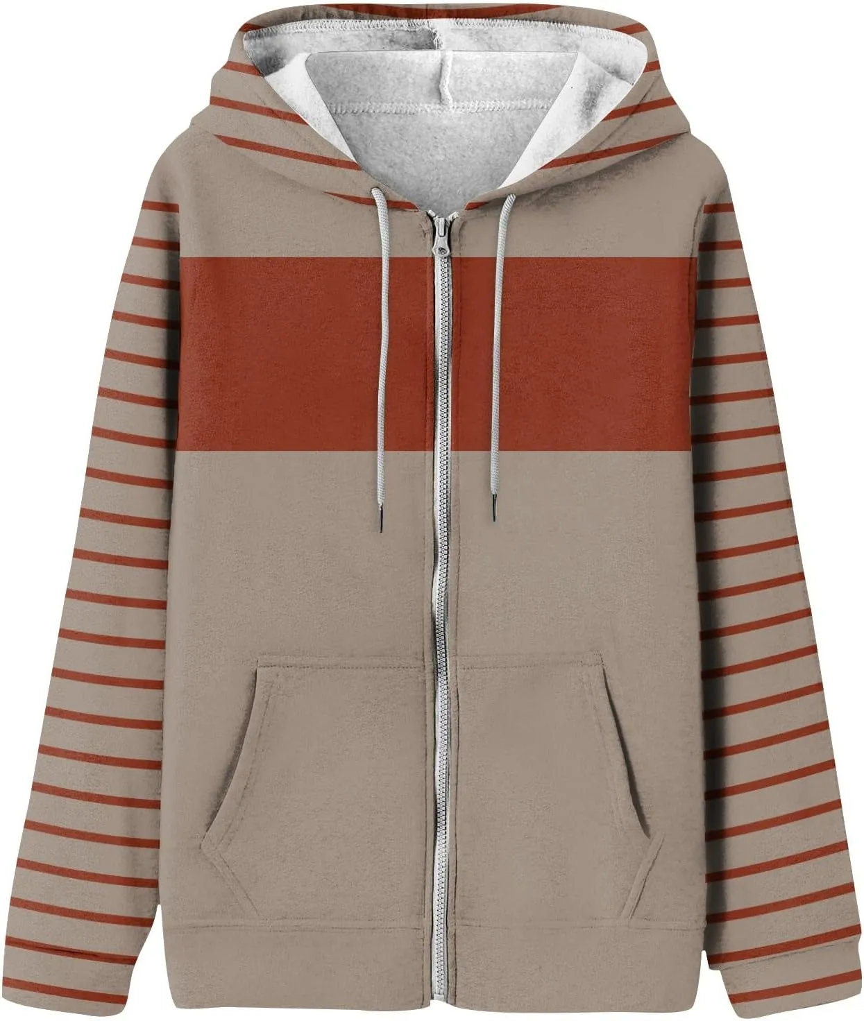 Women Zip Up Hoodie Long Sleeve Fleece Jacket Y2k Colorblock Drawstring Oversized Hooded Sweatshirt with Pockets