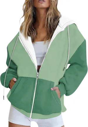 Women Zip Up Hoodie Long Sleeve Fleece Jacket Y2k Colorblock Drawstring Oversized Hooded Sweatshirt with Pockets