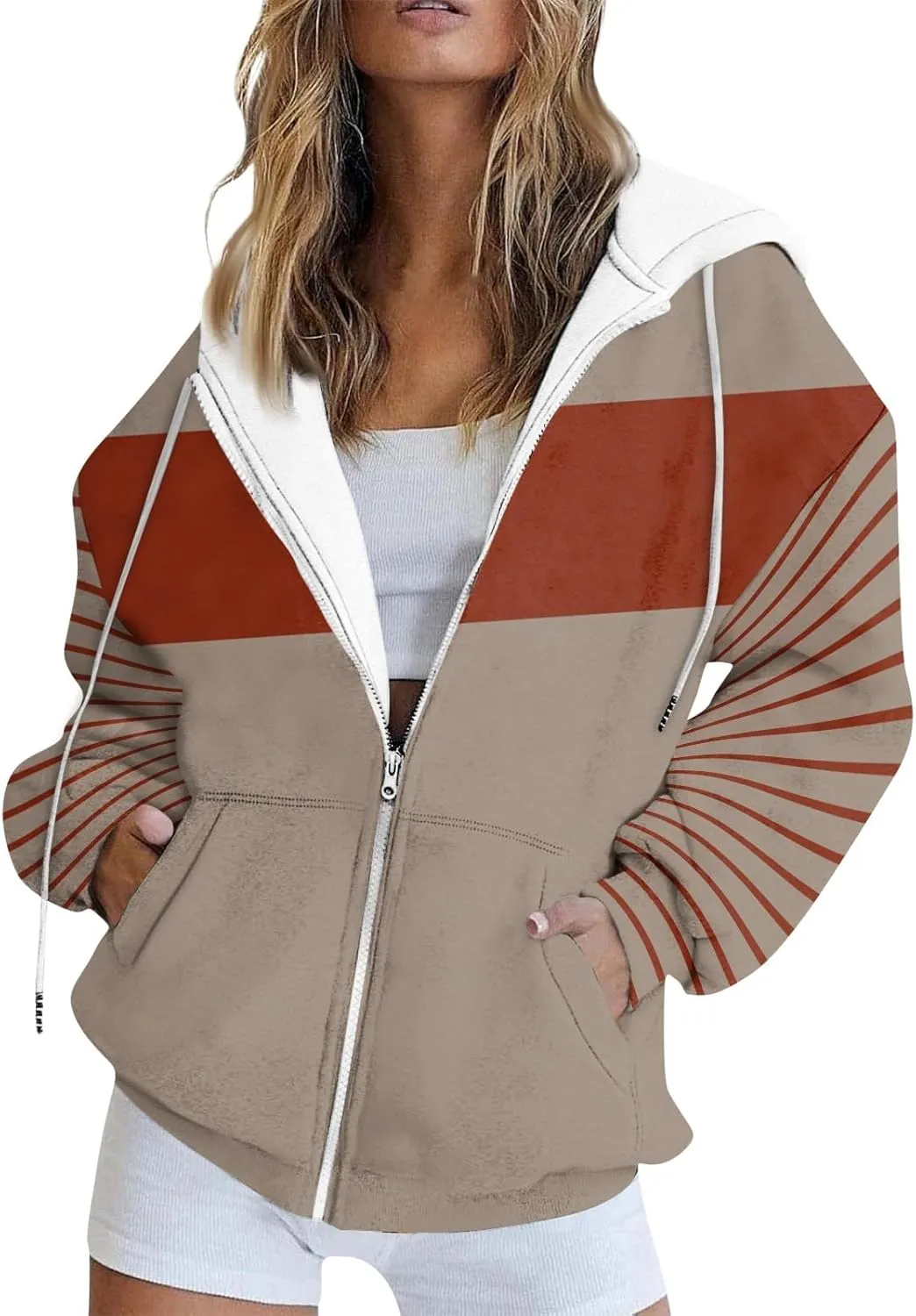 Women Zip Up Hoodie Long Sleeve Fleece Jacket Y2k Colorblock Drawstring Oversized Hooded Sweatshirt with Pockets
