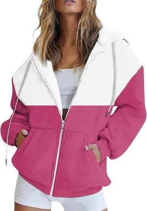 Women Zip Up Hoodie Long Sleeve Fleece Jacket Y2k Colorblock Drawstring Oversized Hooded Sweatshirt with Pockets