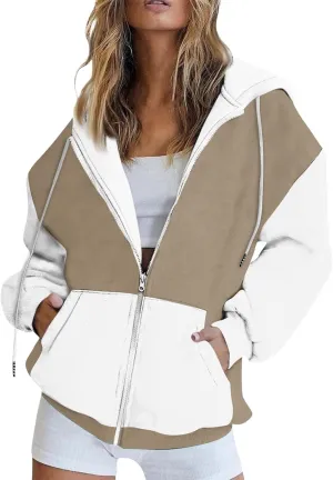 Women Zip Up Hoodie Long Sleeve Fleece Jacket Y2k Colorblock Drawstring Oversized Hooded Sweatshirt with Pockets
