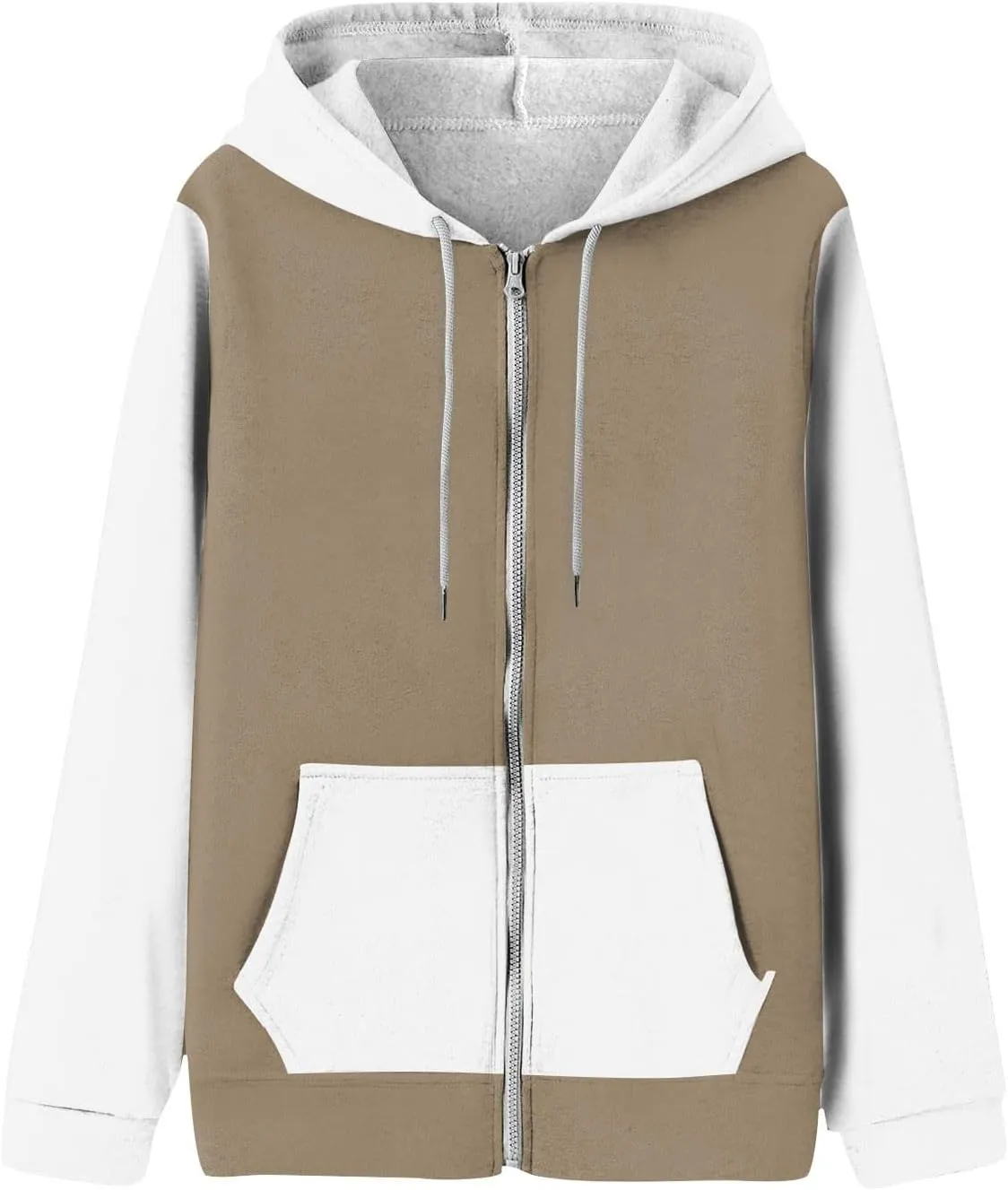 Women Zip Up Hoodie Long Sleeve Fleece Jacket Y2k Colorblock Drawstring Oversized Hooded Sweatshirt with Pockets