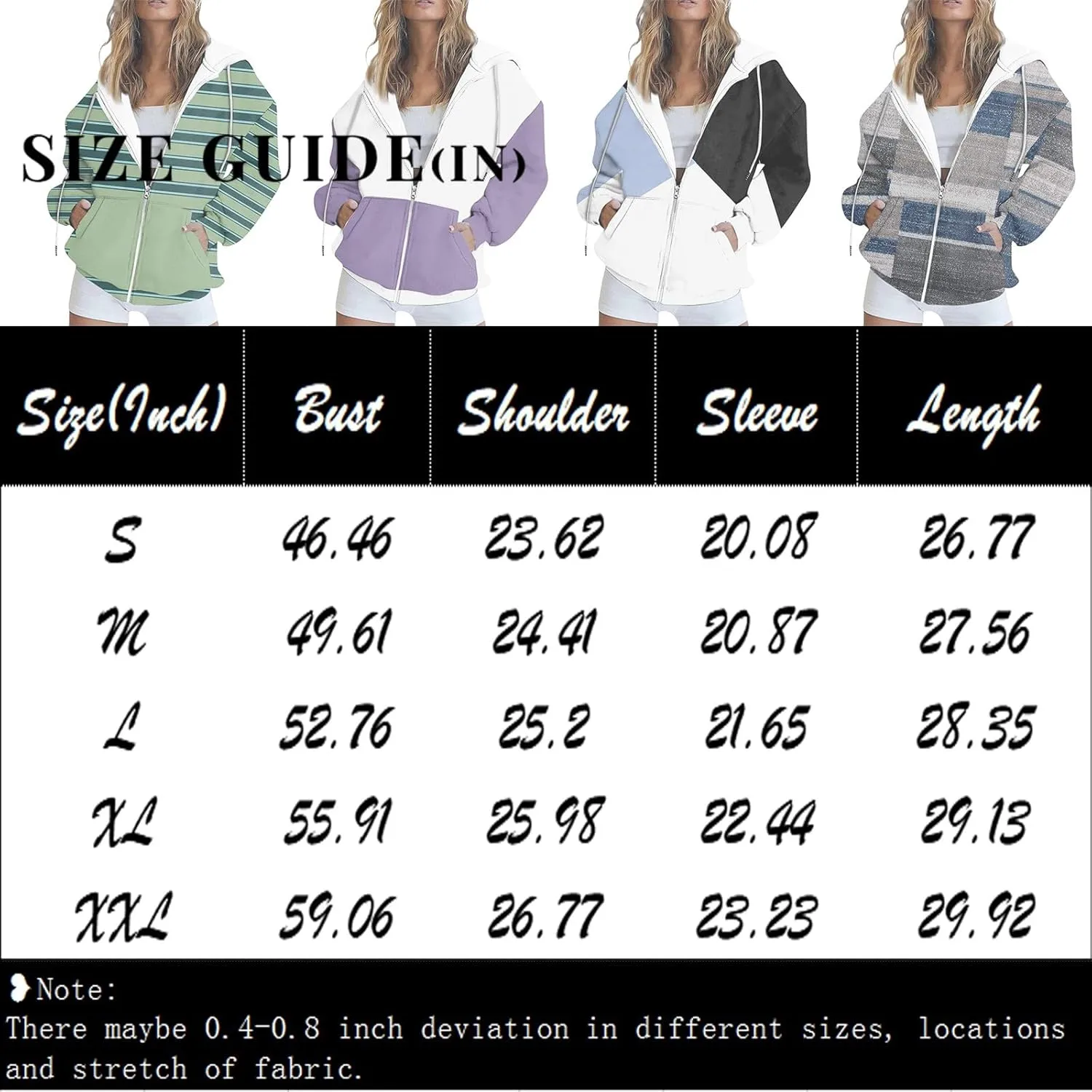 Women Zip Up Hoodie Long Sleeve Fleece Jacket Y2k Colorblock Drawstring Oversized Hooded Sweatshirt with Pockets