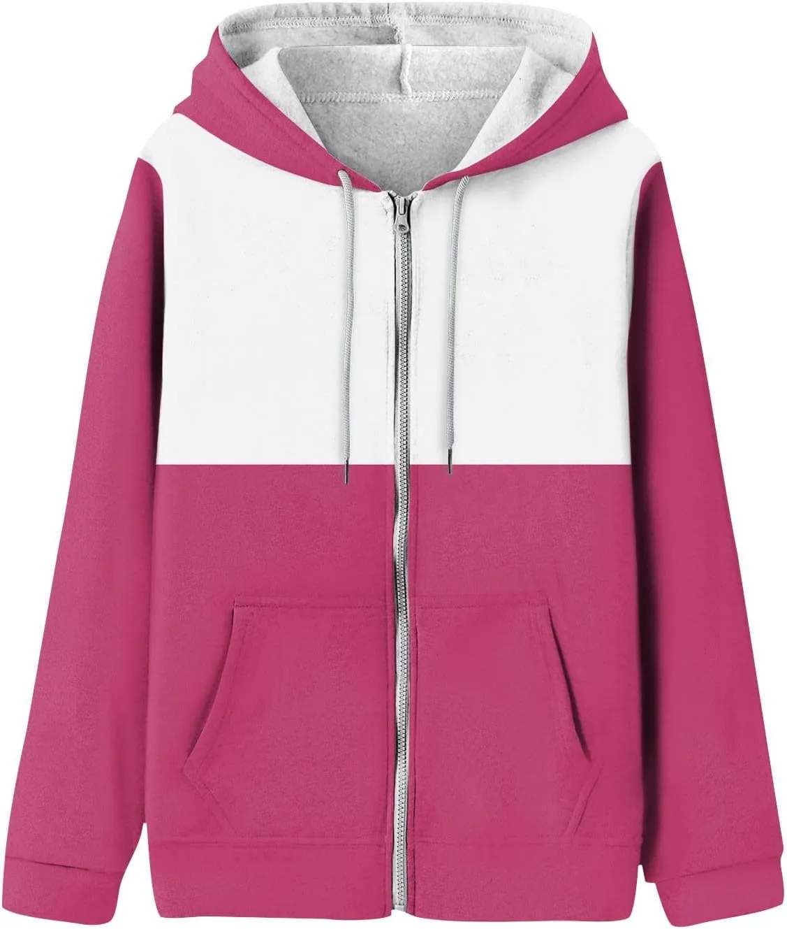 Women Zip Up Hoodie Long Sleeve Fleece Jacket Y2k Colorblock Drawstring Oversized Hooded Sweatshirt with Pockets