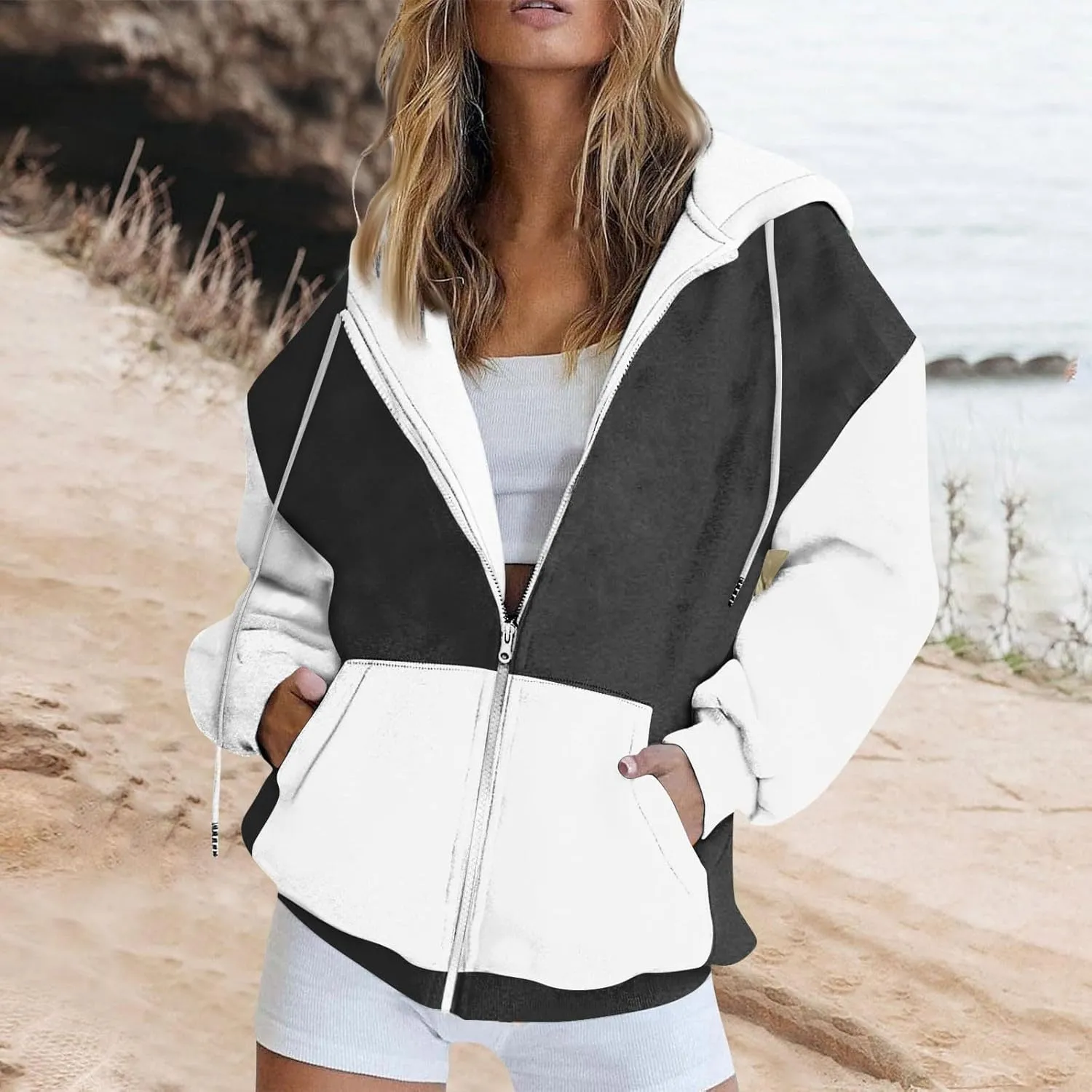 Women Zip Up Hoodie Long Sleeve Fleece Jacket Y2k Colorblock Drawstring Oversized Hooded Sweatshirt with Pockets