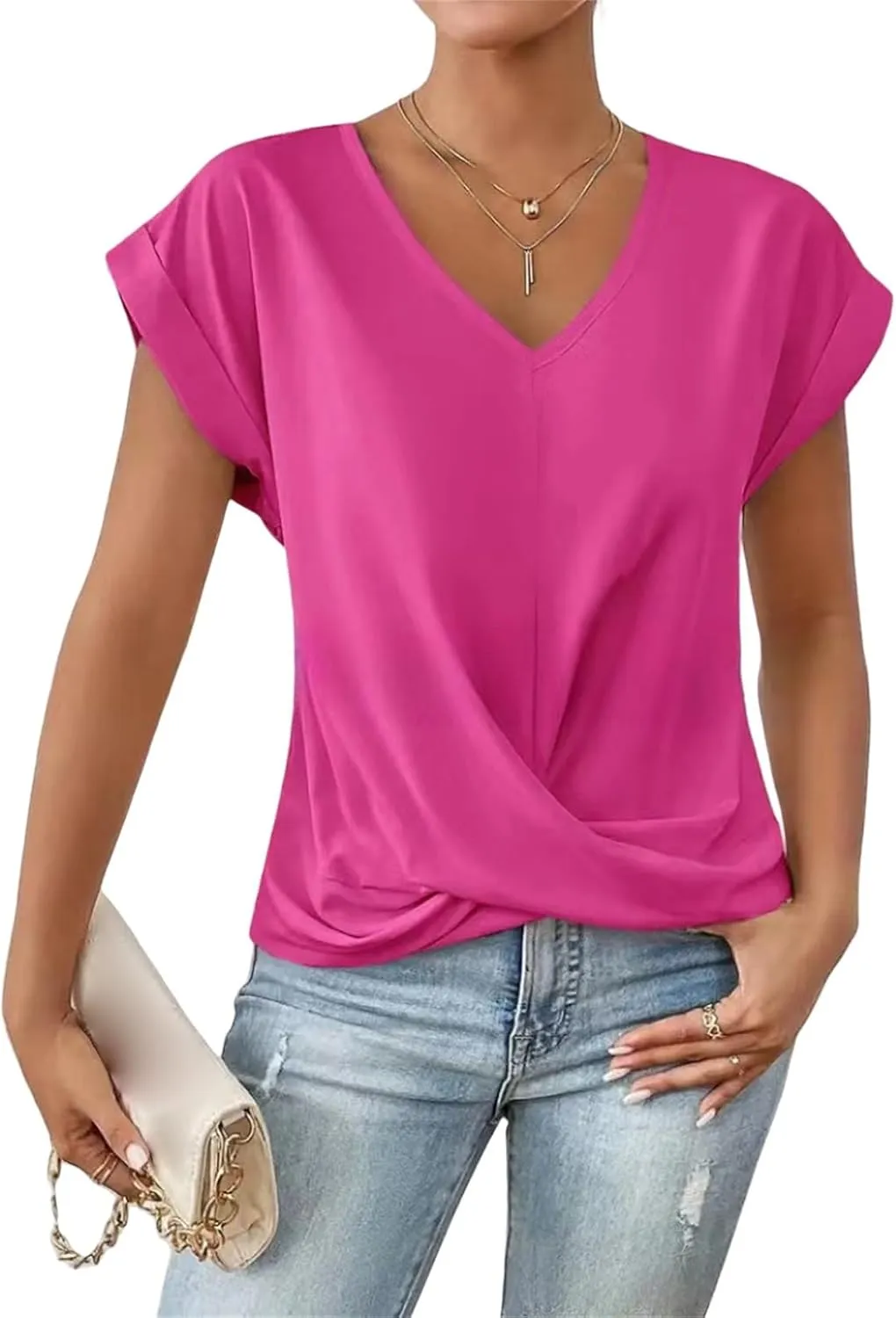 Womens 2025 Summer Tops V Neck Casual Twist Front Blouses Short Sleeve Tshirts Loose Fit Tunic Tops Basic Tee Shirts