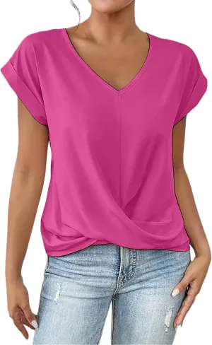 Womens 2025 Summer Tops V Neck Casual Twist Front Blouses Short Sleeve Tshirts Loose Fit Tunic Tops Basic Tee Shirts
