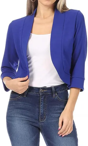 Womens 3/4 Sleeve Blazers Casual Open Front Cardigan Jackets Lightweight Collarless Cropped Work Office Blazer