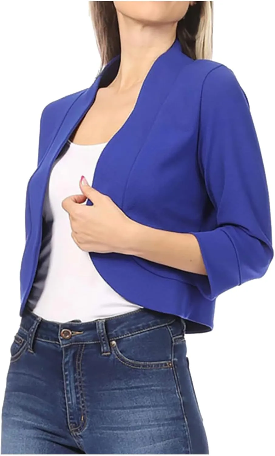 Womens 3/4 Sleeve Blazers Casual Open Front Cardigan Jackets Lightweight Collarless Cropped Work Office Blazer