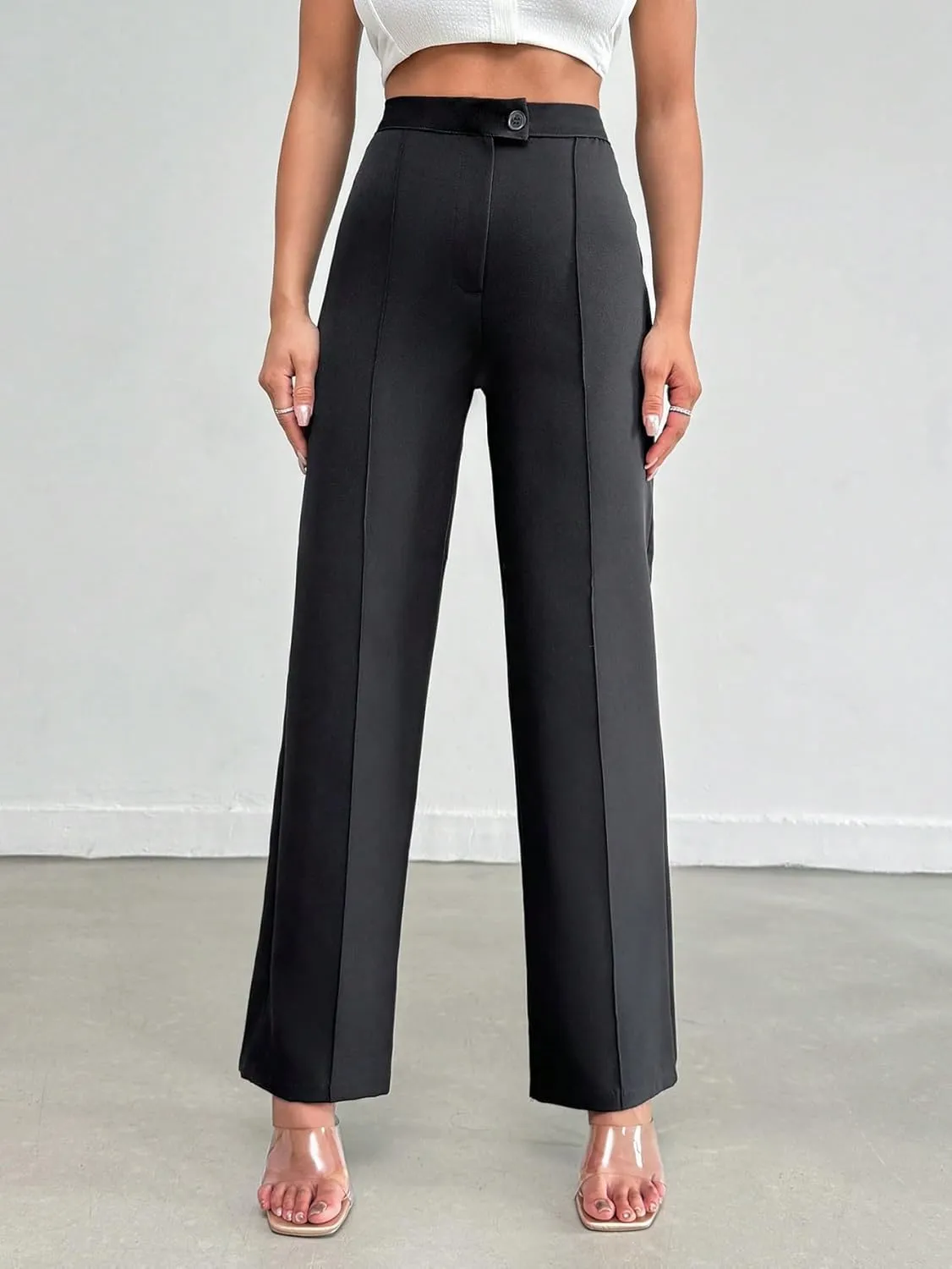 Women's Black Woven Straight Fit Pants