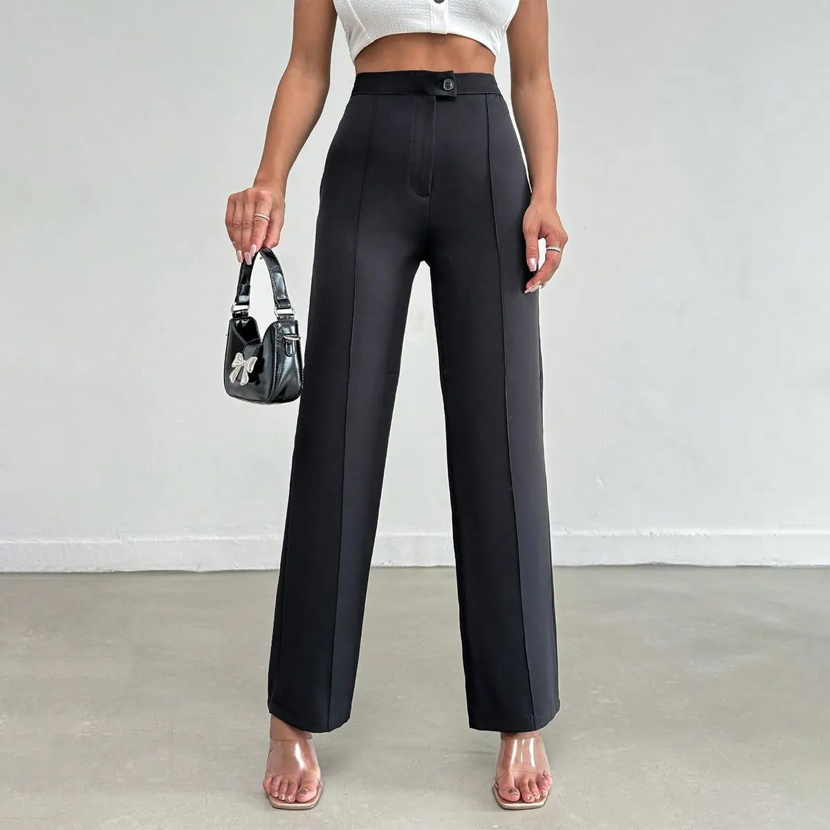 Women's Black Woven Straight Fit Pants