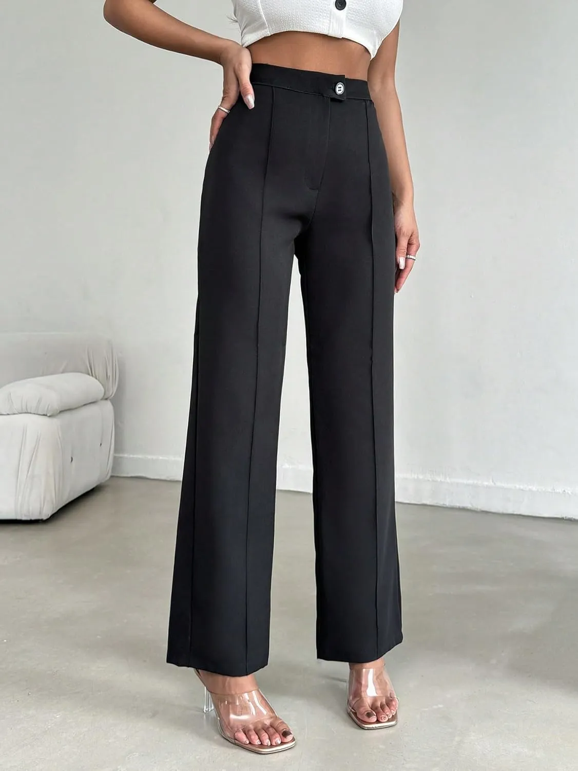 Women's Black Woven Straight Fit Pants