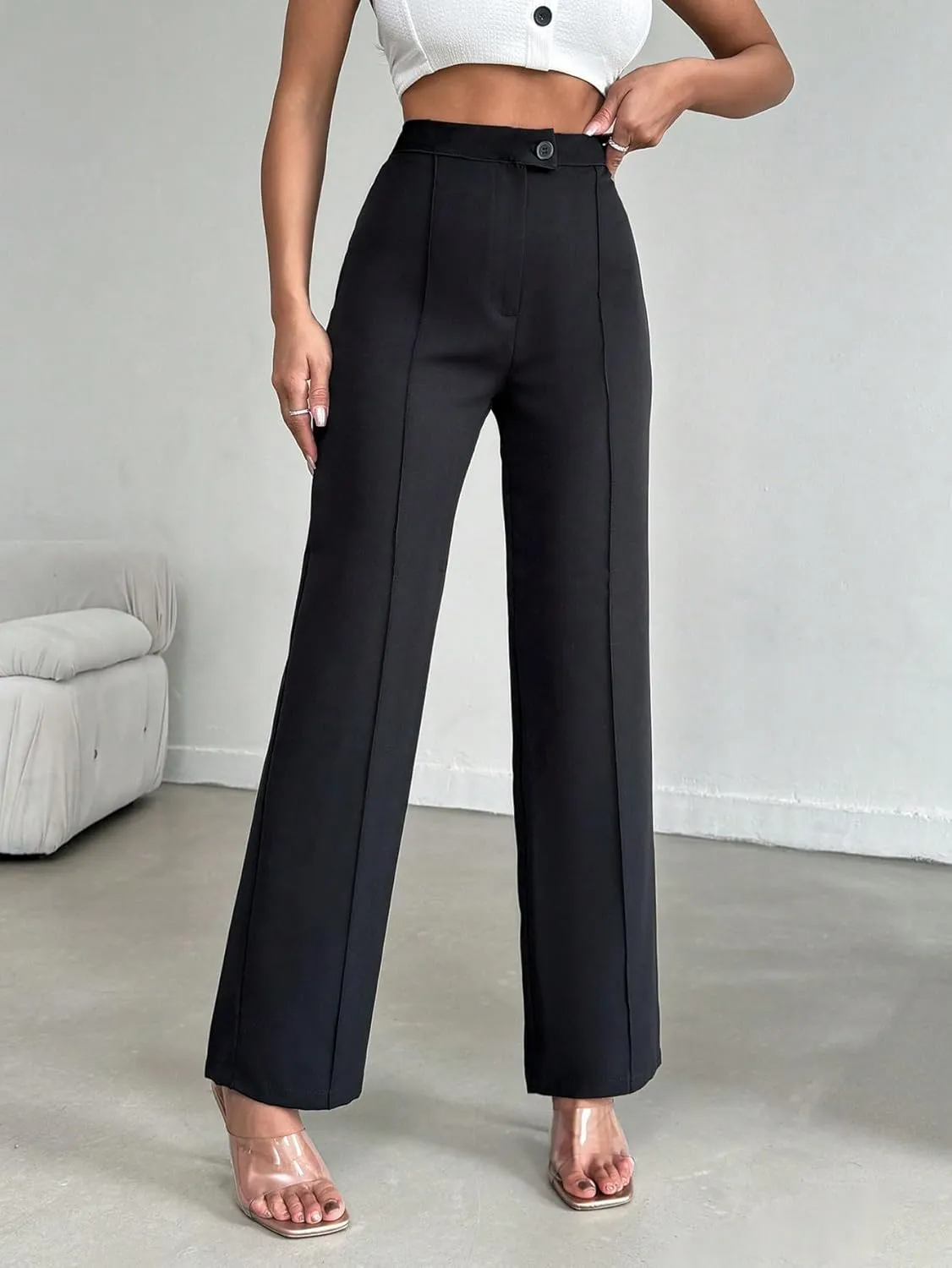 Women's Black Woven Straight Fit Pants