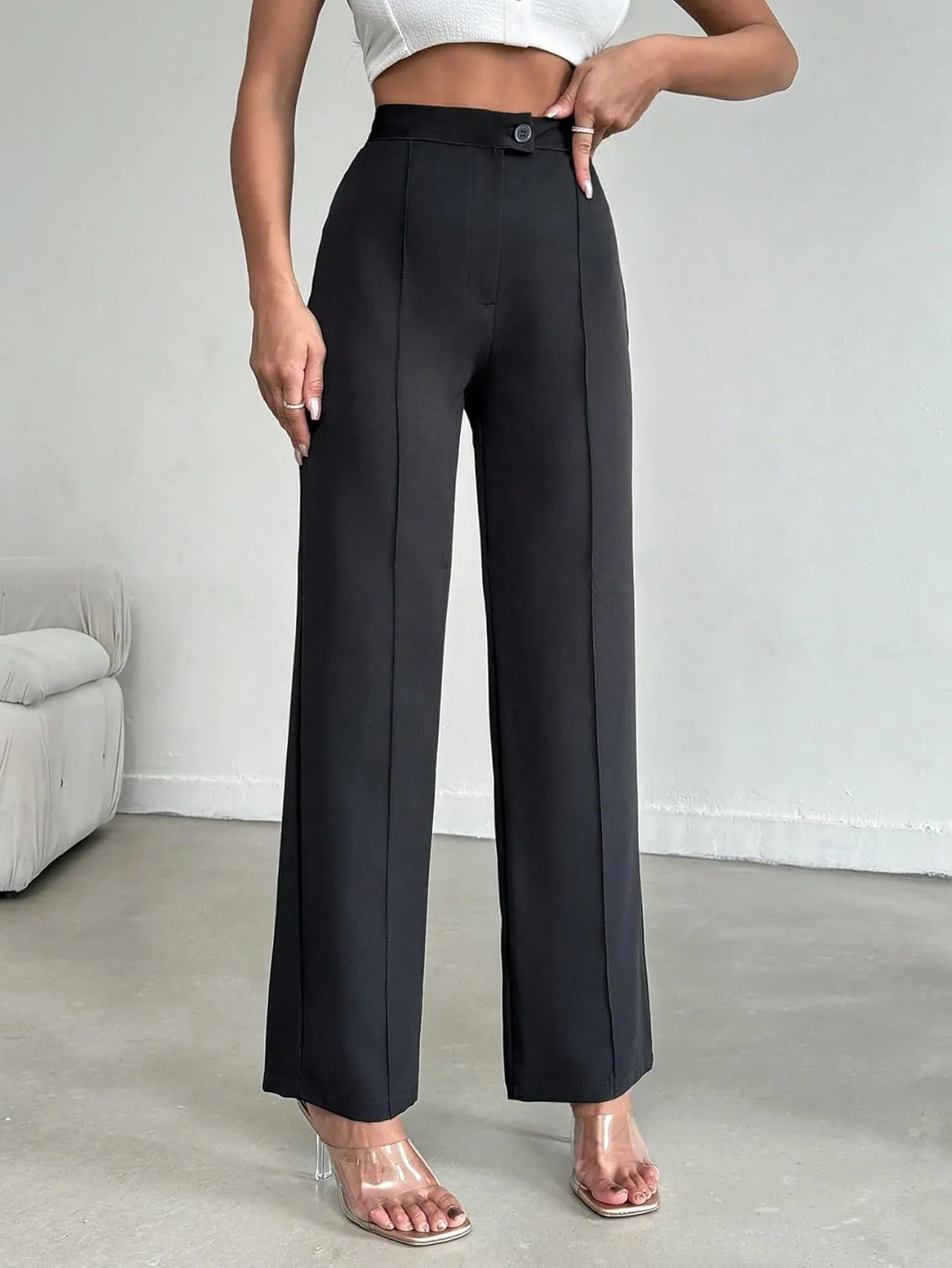 Women's Black Woven Straight Fit Pants