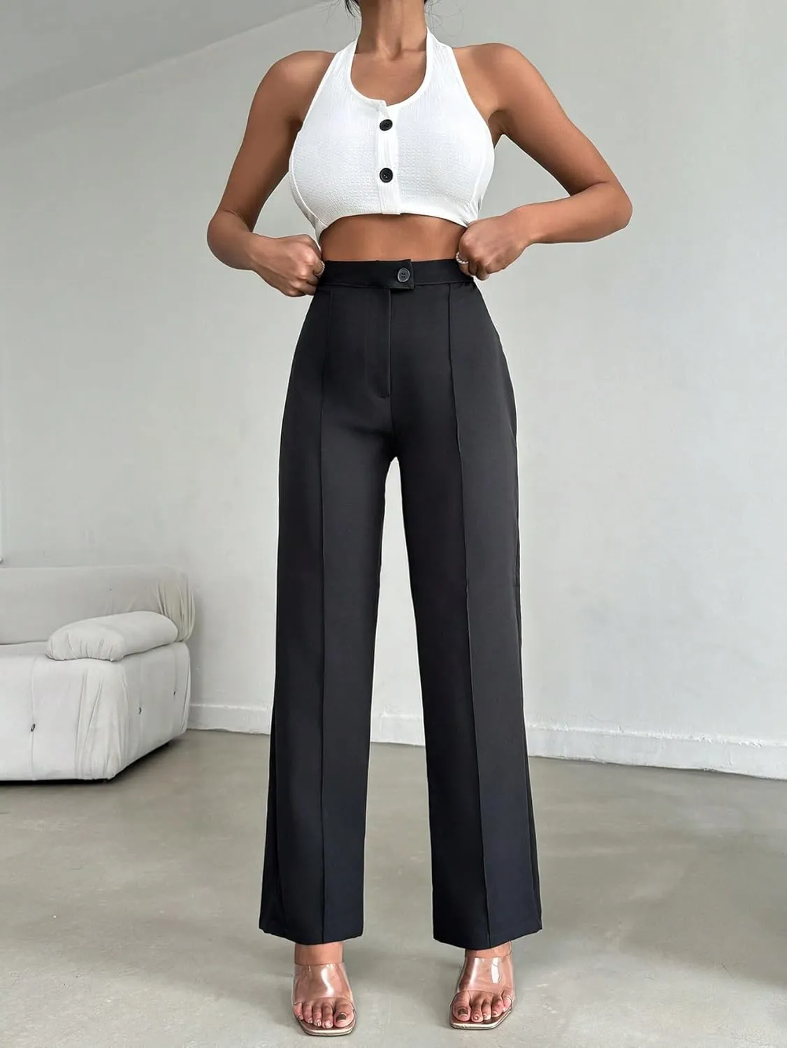 Women's Black Woven Straight Fit Pants
