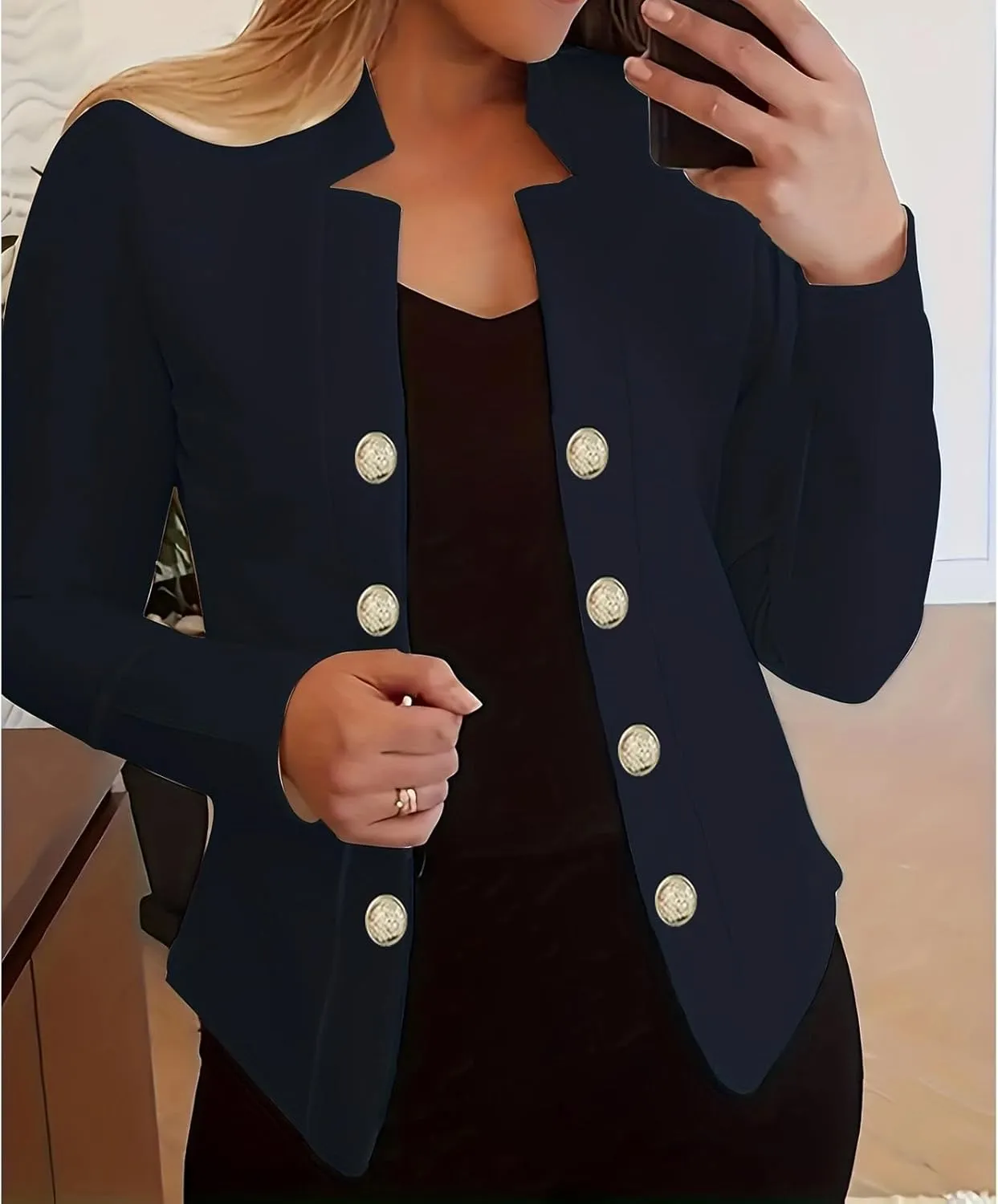 Women's Business Blazers Casual Long Sleeve Office Blazers Trendy Solid Color Gold Button Open Front Suit Jackets