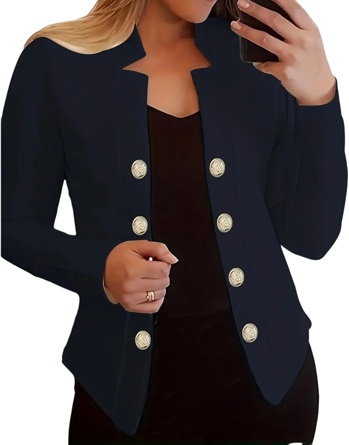 Women's Business Blazers Casual Long Sleeve Office Blazers Trendy Solid Color Gold Button Open Front Suit Jackets