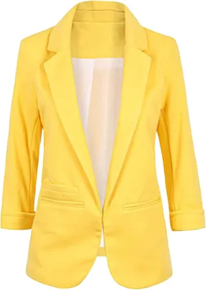 Womens Casual Suit Jackets Business 3/4 Sleeve Lapel Open Front Cardigan Jacket Slim Fit Solid Color Office Blazers