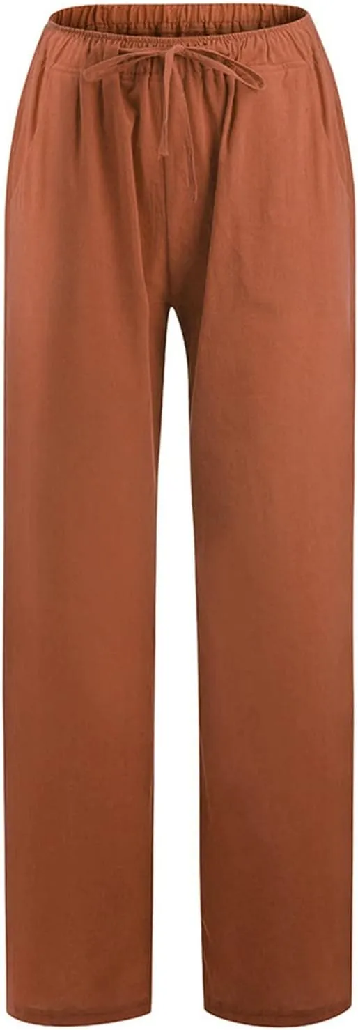 Women's Cotton Linen Pants Summer Straight Leg Palazzo Pants Loose High Waist Drawstring Casual Trousers with Pockets