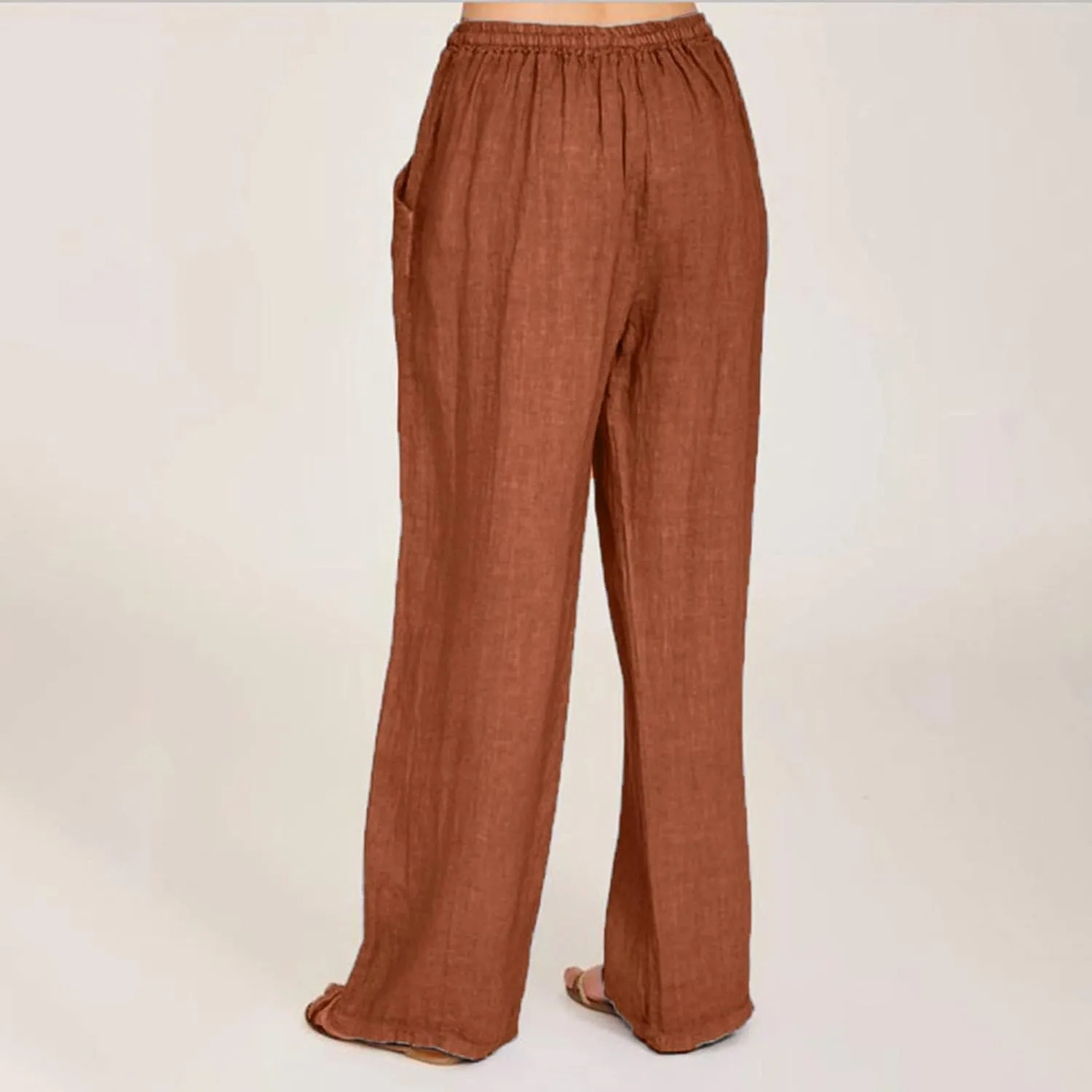 Women's Cotton Linen Pants Summer Straight Leg Palazzo Pants Loose High Waist Drawstring Casual Trousers with Pockets