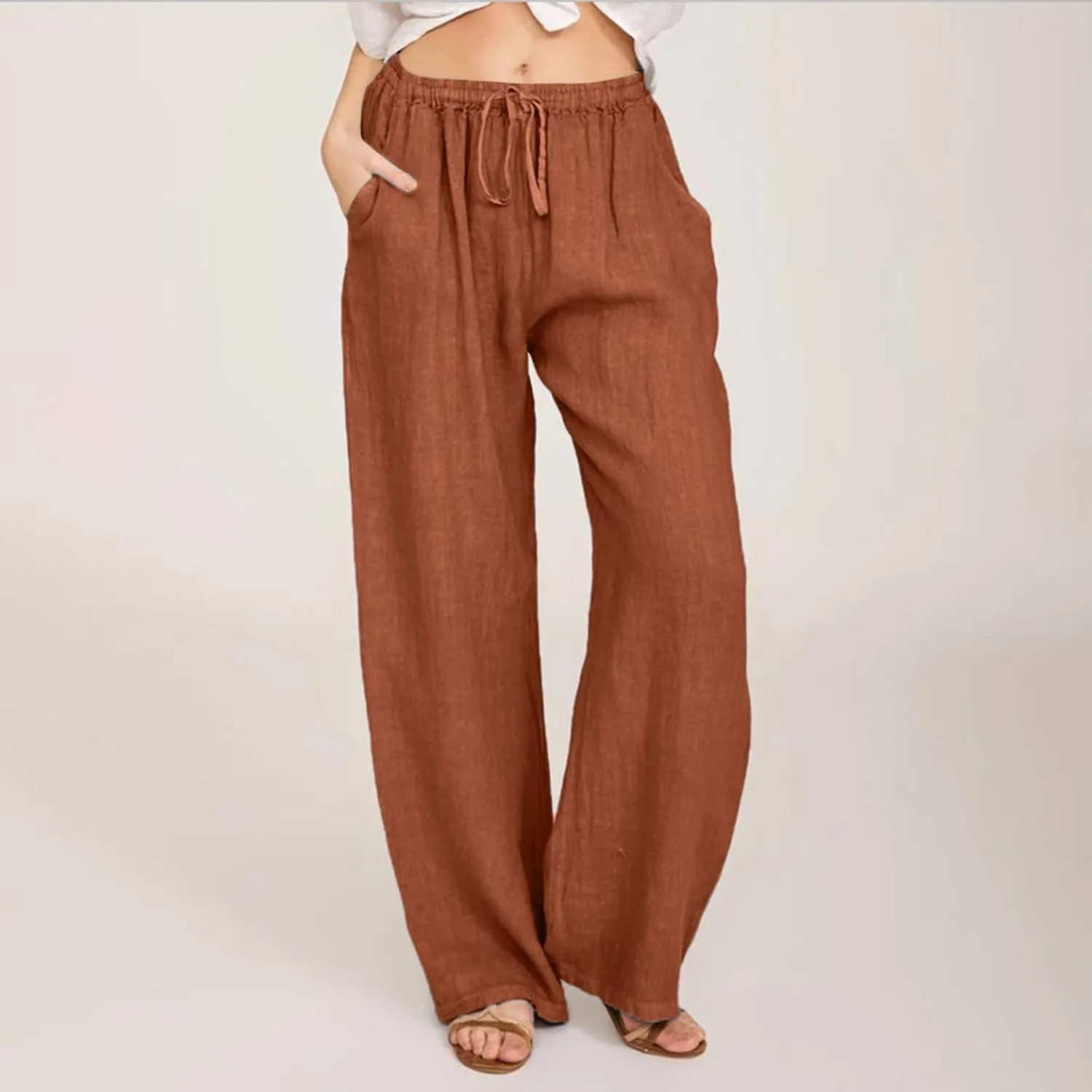 Women's Cotton Linen Pants Summer Straight Leg Palazzo Pants Loose High Waist Drawstring Casual Trousers with Pockets