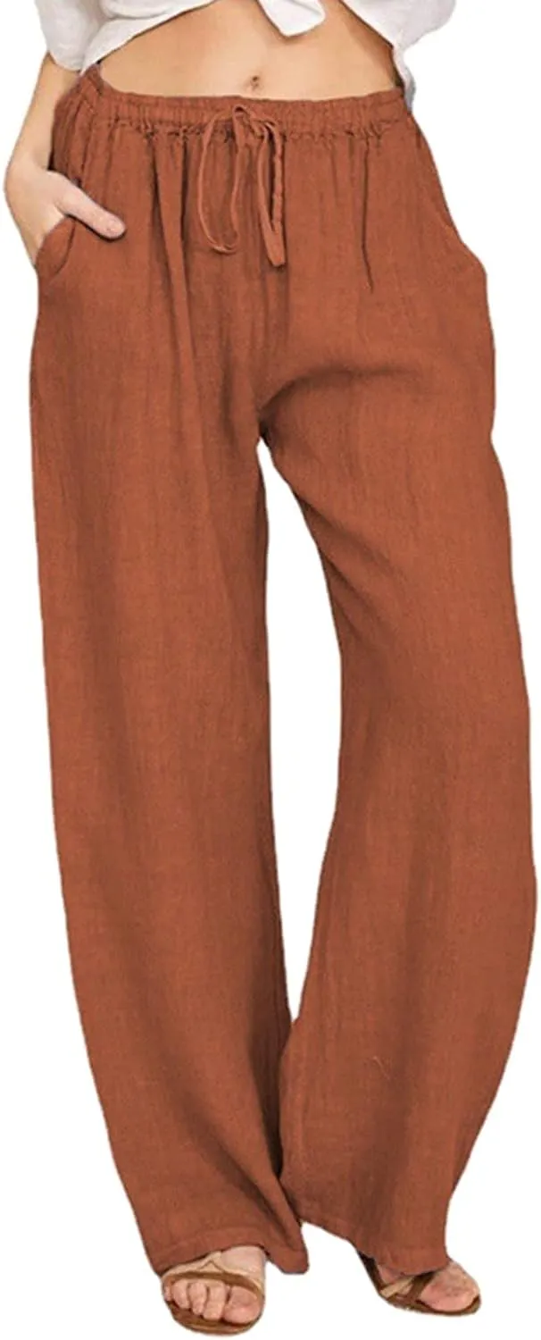 Women's Cotton Linen Pants Summer Straight Leg Palazzo Pants Loose High Waist Drawstring Casual Trousers with Pockets