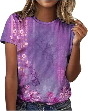 Women's Crew Neck Short Sleeve Tops,Oversized Vintage Floral Print T Shirts Casual Loose Fit Tees Trendy Blouses