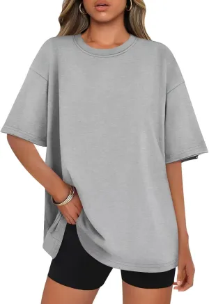 Womens Crewneck Short Sleeve Tee Oversized T Shirts Loose Fit Grey