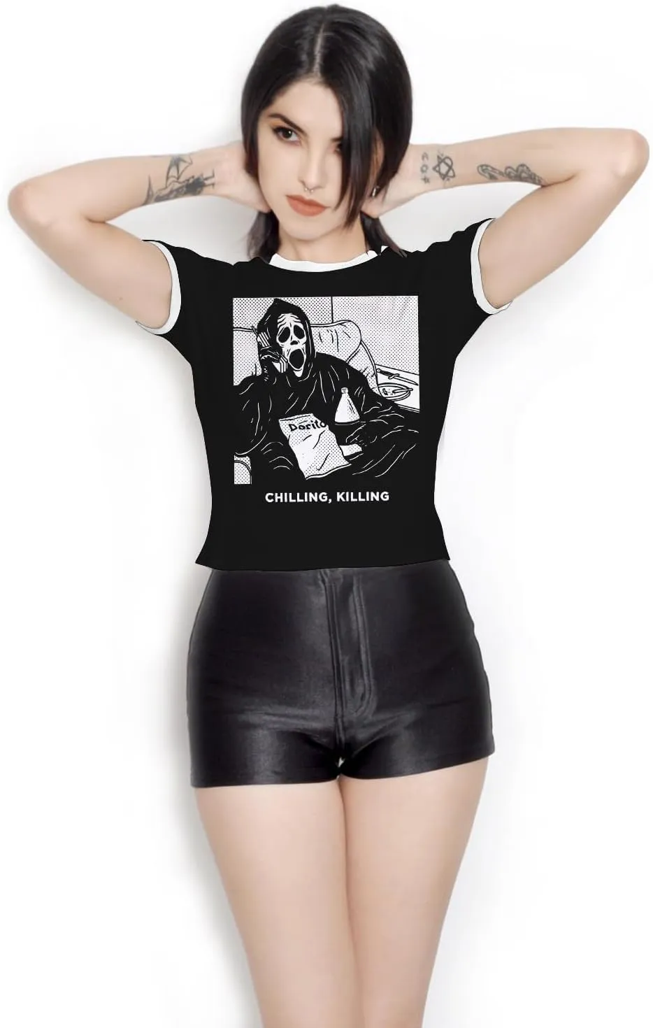 Womens Crop Tops Summer Casual Short Sleeve Goth Halloween Print Cropped T Shirts